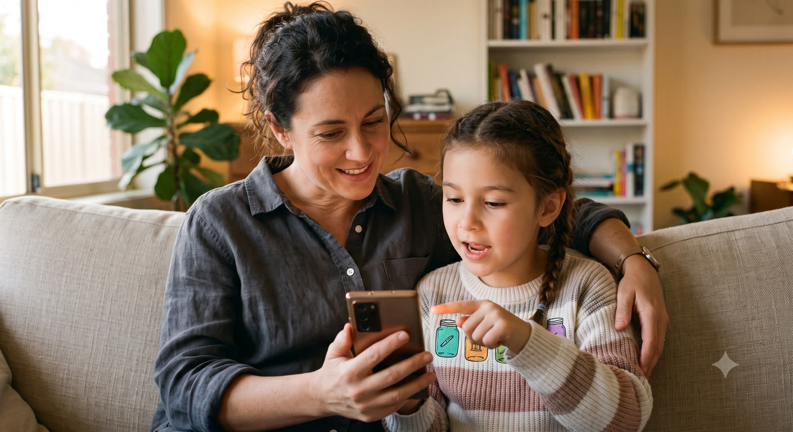 A parent and child looking at the Lil Banks app together on the couch
