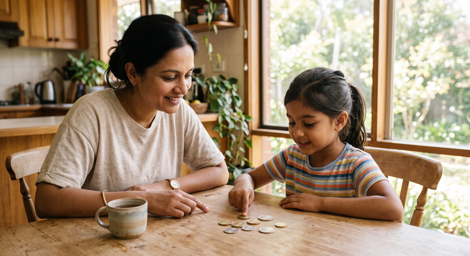 A parent and child at the kitchen table exploring coins together on a Saturday morning