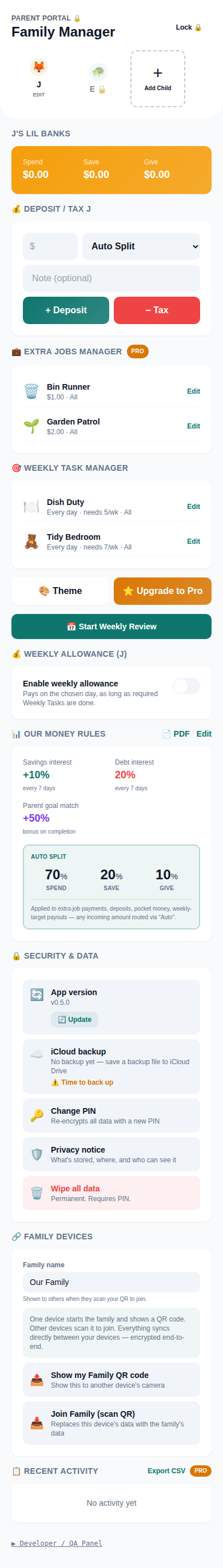 The Lil Banks app parent portal on iPhone showing Bank tiles, Start Weekly Review, and Family Manager